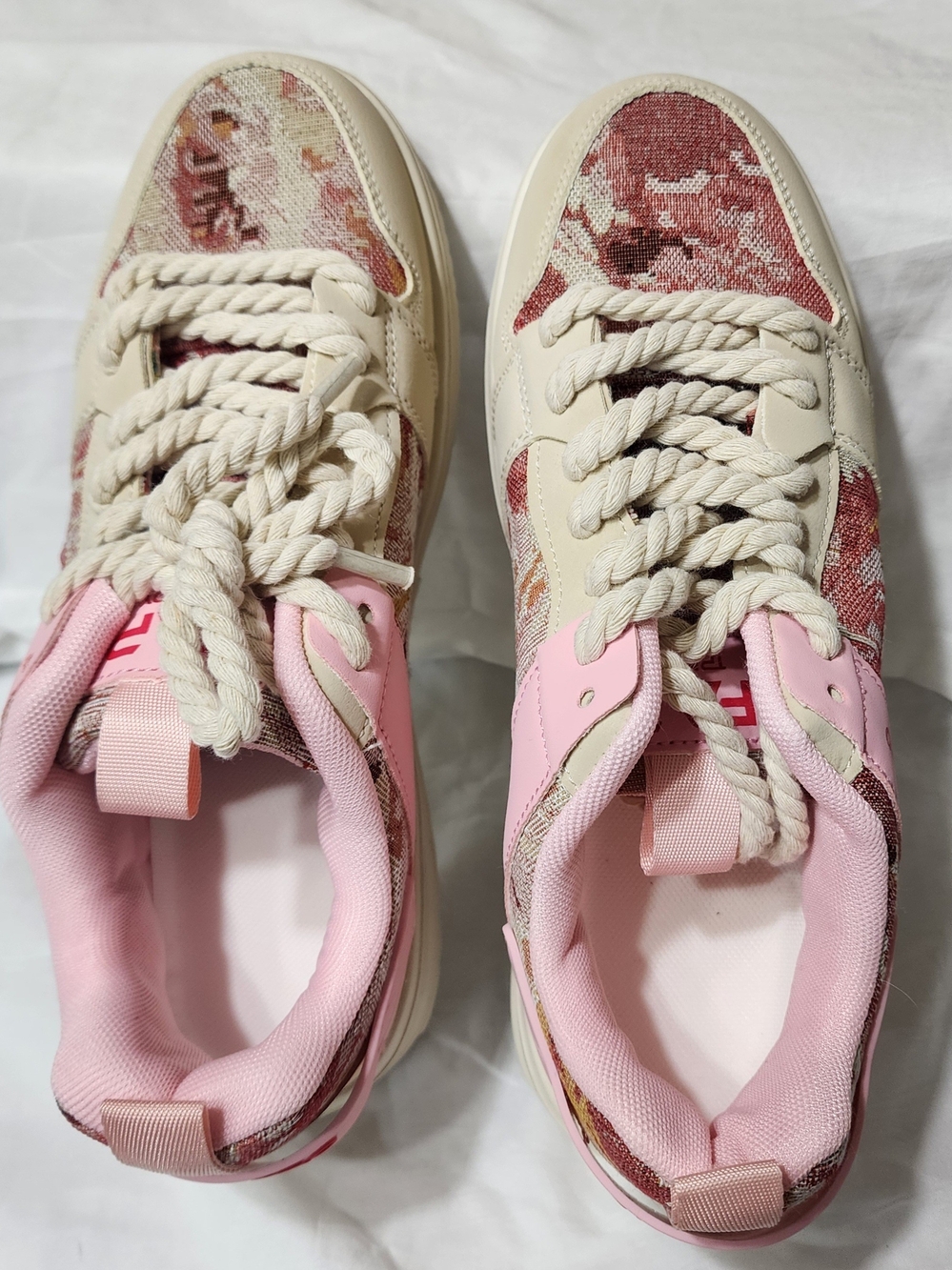 Women's Pink and Cream Patterned Rope-Lace Sneakers